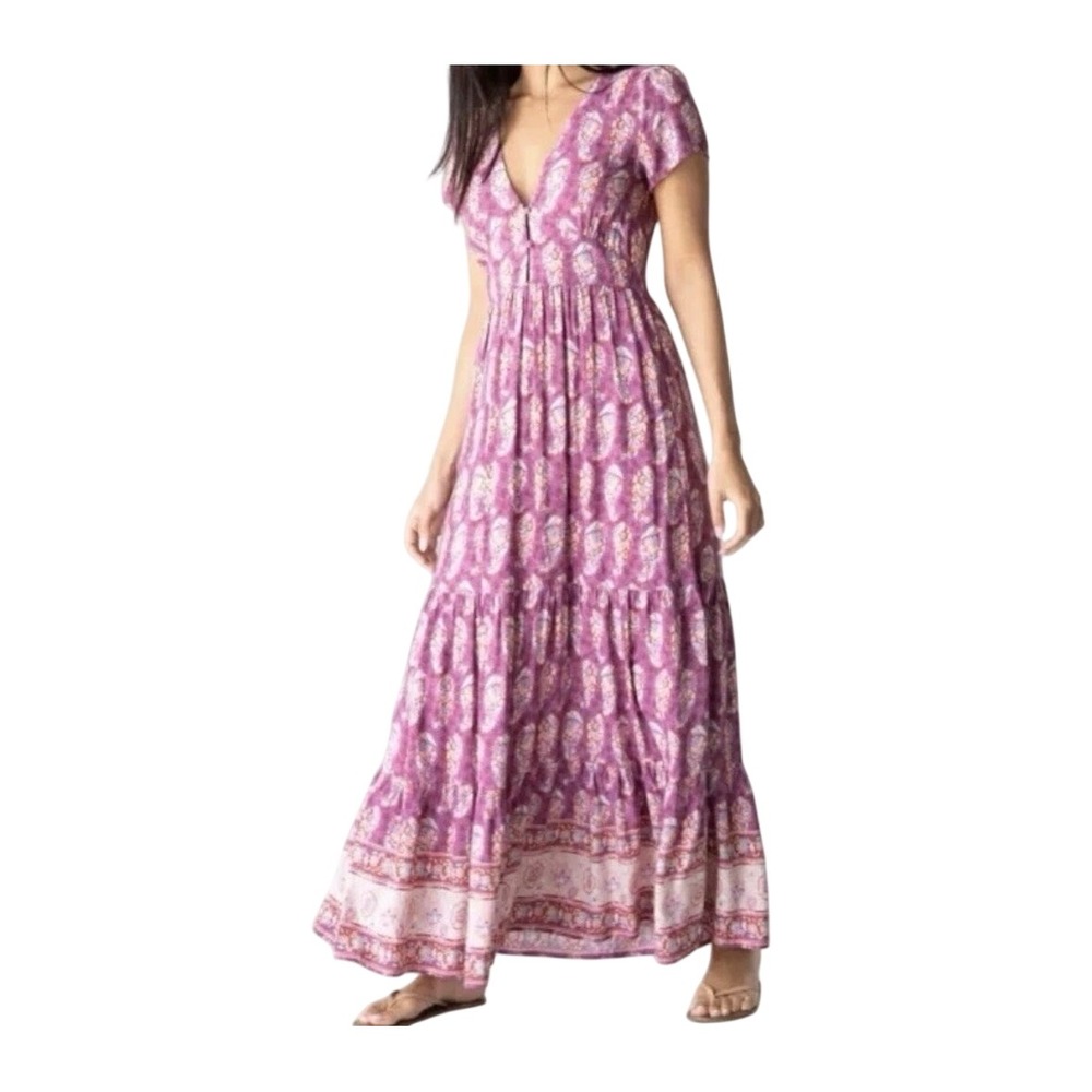 NWT Natural Life Evangeline Paisley Maxi Dress XS Purple Floral V-Neck